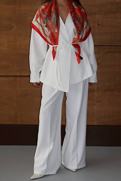 MAESTRO WOMAN Kadın Beyaz Bağlamalı Blazer Ceket Palazzo Pantolon Takım Elbise