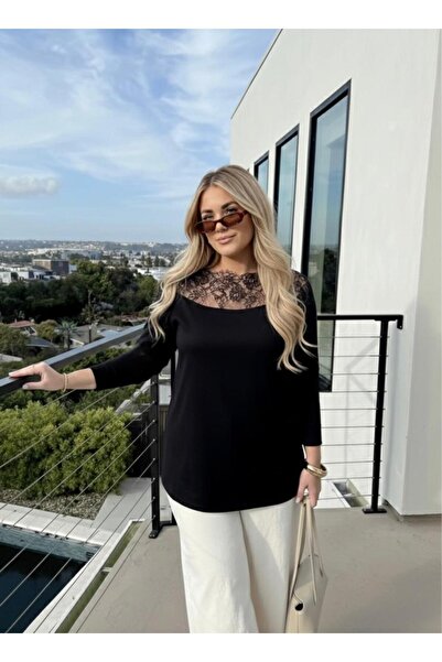 Koza Butik Women's Plus Size Three Quarter Sleeve Collar Lace Detailed Blouse...