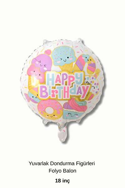 Bunloon Happy Birthday Dondurma Figürlü Yuvarlak Folyo Balon Doğum Günü Parti...