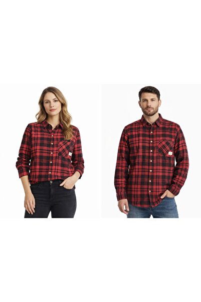 DağdevirenTekstil Single Pocket Unisex Red Black Striped Lumberjack Shirt