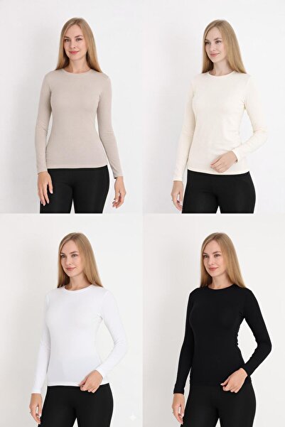 MissKATRE Women's Long Sleeve Plain Collar Badi 4-Pack