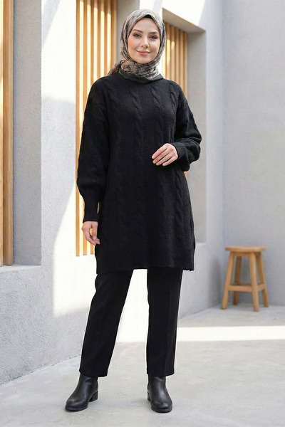 FERHEL Women's Hair Braided Pattern Soft Knitwear Sweater Tunic - Black