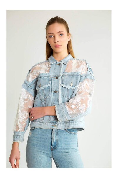Coral Tulle Lace Detailed Denim Jacket 99687 Blue