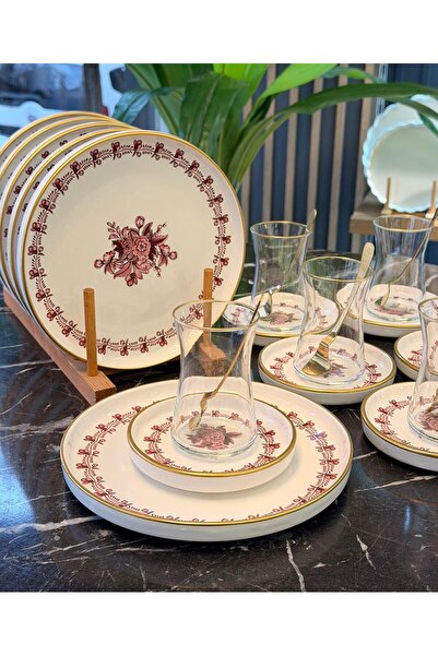 Onedekor 18 Piece Modern Regaria Pink Flower Cake Tea Time Set