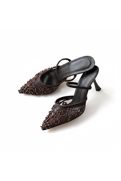 guijarro Women's Brown Embroidered Bead Detailed Mesh Stylish Shoes 7.5cm Mes...