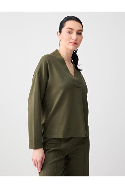 Jimmy Key Haki Rahat Kesim V Yaka Modal Örme Sweatshirt