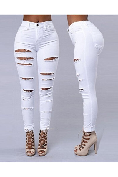 Kanonik Education Women's High Waist Laser Ripped Print Jeans