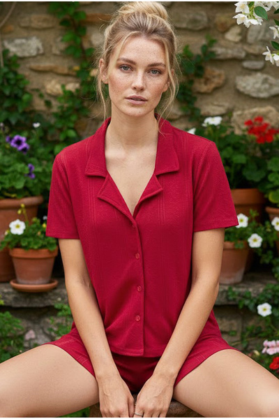 Siyah İnci Vişne Pointel Openwork/Perforated Buttoned Shorts Set26120026