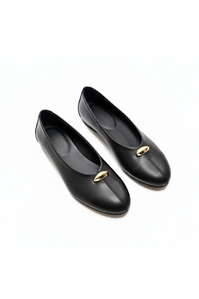 NE&VE SHOES Black Genuine Leather Women's Daily Ballerinas with Gold Accessor...