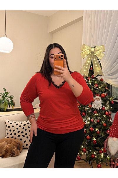 PASTEL BUTİK V-Neck Lace Detailed Stretchy Modal Blouse - Red