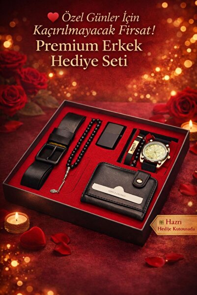MEMİTA Premium Erkek Hediye Seti – Saat, Cüzdan, Tesbih, Bileklik ve Çakmak Ö...