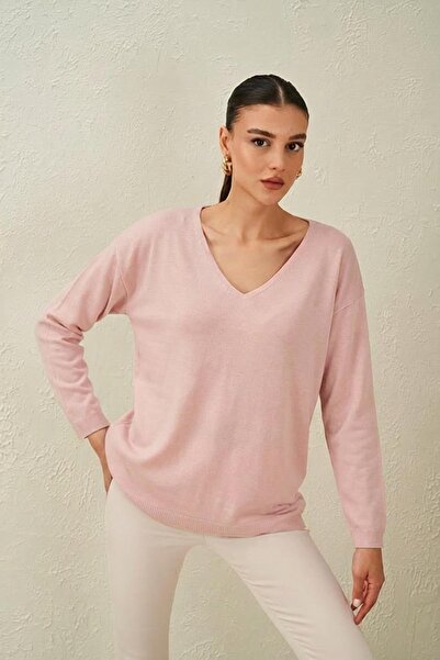 TENA Women's Pink V-Neck Casual Sweater Sweater