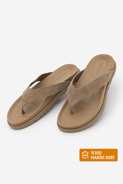 Marjin Women's Genuine Leather Flip-Flops Casual Slippers Tarkin Camel Suede