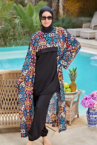 İYİBU Women's Full Coverage Hijab Swimsuit 4-Piece Set Patterned Lycra Quick-...