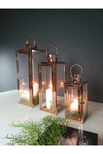 EVİMTATLIEVİM Rosa Trio Paslanmaz Çelik Üçlü Rosegold Mumluk Fener Seti