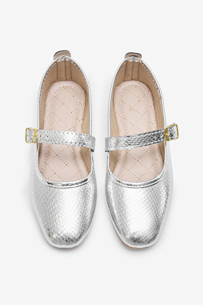 Tonny Black Women's Silver Snake Patterned Belted Buckle Ballerinas