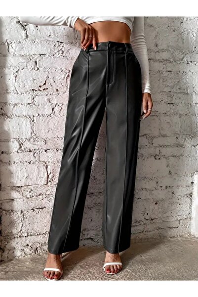 Kanonik Education Women's Wide Cut Lame Leather Trousers with Front Zipper Po...