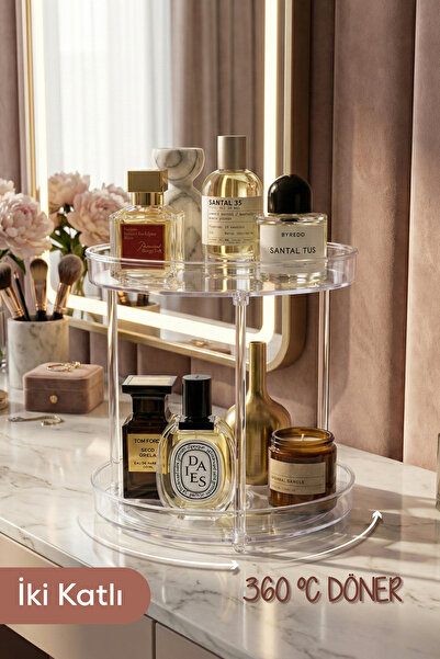 Saule 2 Katlı Döner Organizer Banyo Kozmetik Standı | Şeffaf Akrilik Mutfak B...
