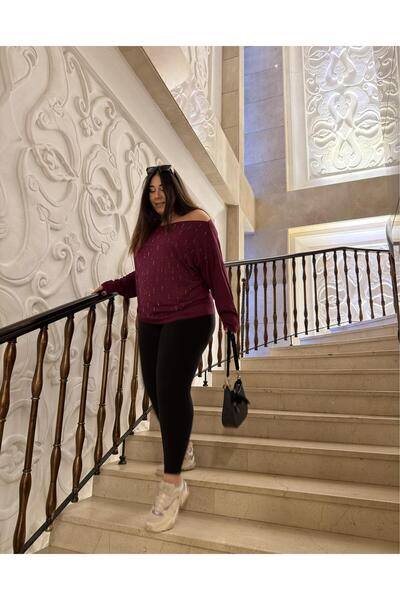 PASTEL BUTİK Bluză modală cu guler barcă și aplicații de pietre - Prune