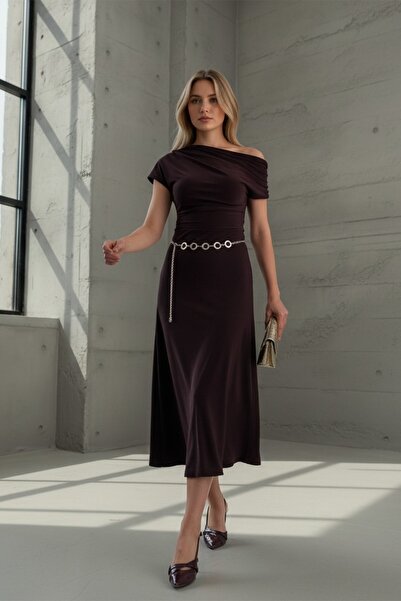 Trend Alaçatı Stili Women's Brown Madonna Collar Asymmetrical Cut Sandy Dress...