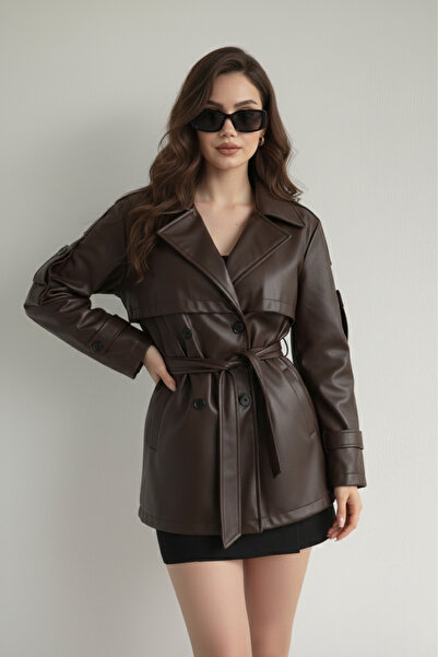 gm giyimarket Yeni Sezon Kadın Kuşaklı Deri Trençkot