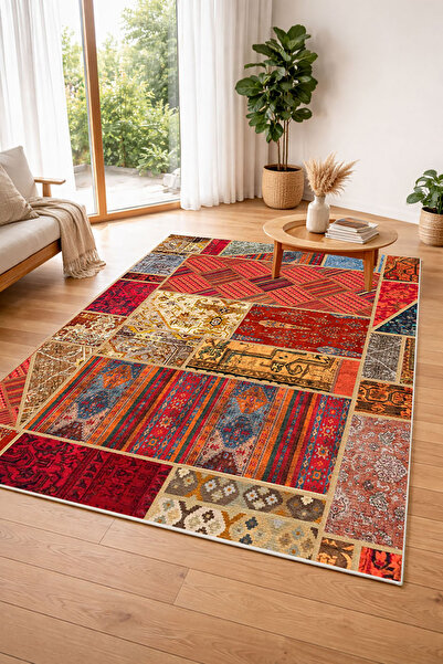 Decomia Home Dijital Kaymaz Yıkanabilir Renkli Etnik Desenli Retro Salon Halı...