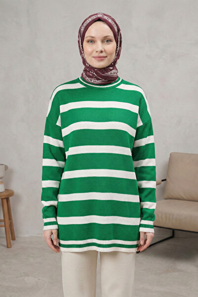 FERHEL Women's Striped Crew Neck Raglan Sleeve Knitwear Tunic Sweater - Green