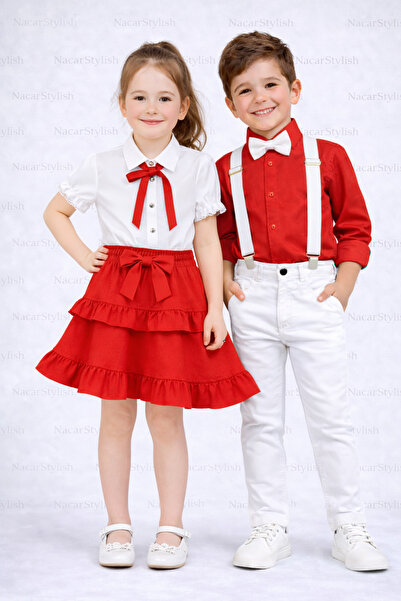 Nacar 23 Nisan 29 Ekim Kız&Erkek Çocuk Dantel Detaylı Gömlek-Double Kumaş Fır...