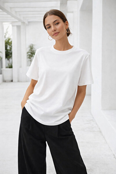 Rich Women's White Soft Textured Interlock Crew Neck Basic T-Shirt