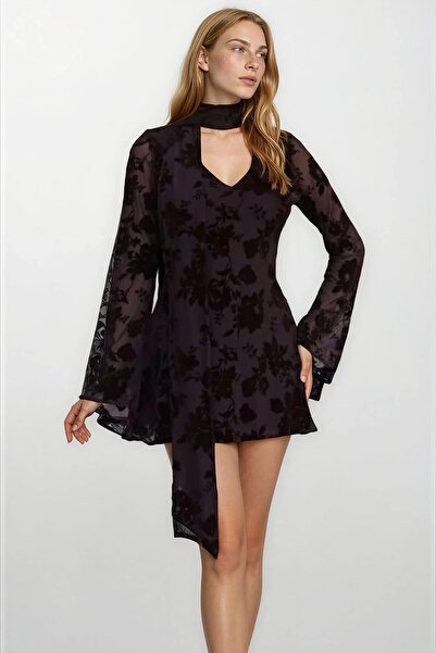 Trend Alaçatı Stili Women's Brown Scarf Detailed Lined Mini Lace Dress Alc-X1...