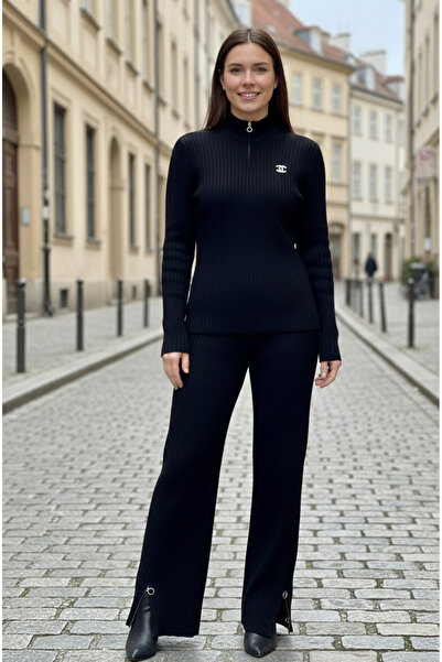 YusGos Women's Ribbed Knitwear Set with Collar and Zipper at the Hem, Slits a...