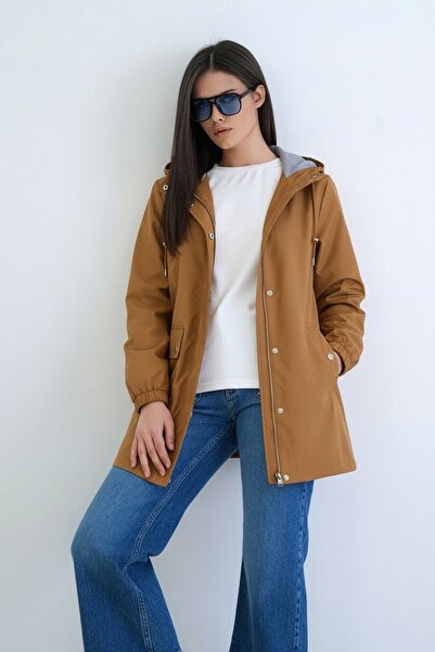Trend Alaçatı Stili Women's Tan Hooded Zippered Double Pocket Raincoat Jacket...