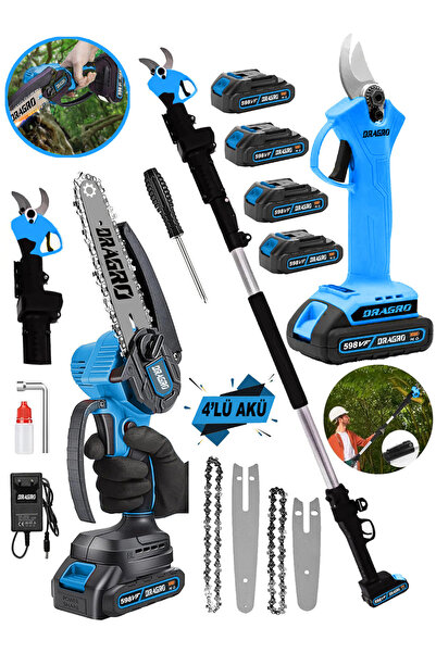 Dragro 4 Akülü + 2 li Set + Teleskopik Kollu Bağ Makası ve Budama Testeresi M...