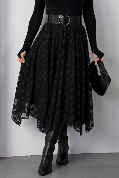 Mouillé Dantelli Çiçek Detaylı Asimetrik Kadın Etek KEMERSİZDİR