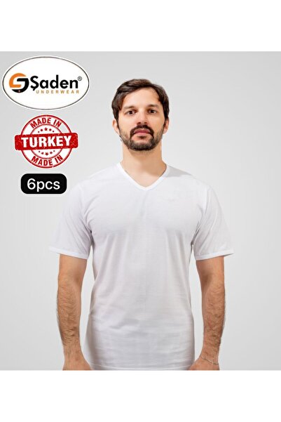 SADEN Men's Cotton V-Neck White Undershirts, 6 Pack (Shaden)