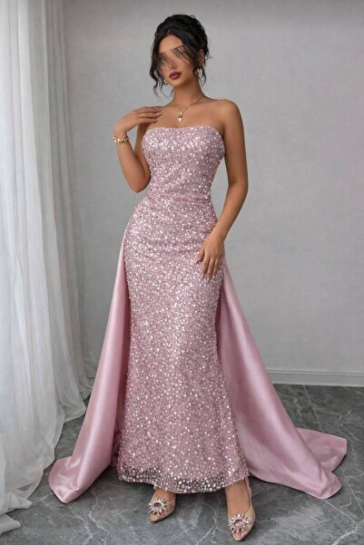 Bamah long pink sequined evening dress