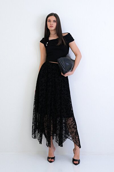 Trend Alaçatı Stili Women's Black Lined Maxi Length Lace Skirt Alc-X15309