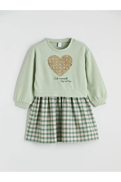 LC Waikiki Lcw Kids Green Heart Patterned Girls' Ruffle Dress