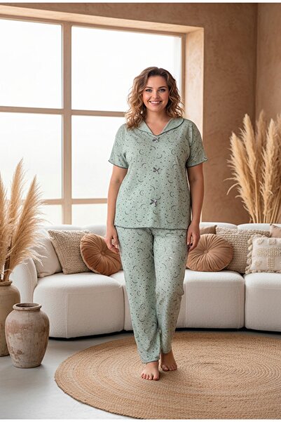 LİLA İÇ GİYİM Battal Bow Viscose Short Sleeve Pajama Set