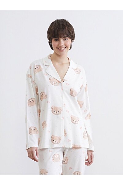 LC Waikiki Shirt Collar Bear Printed Women's Pajama Top