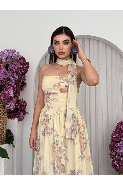 ETİKAFASHION Straplez Çiçek Desenli Şal Kombinli Uzun Elbise