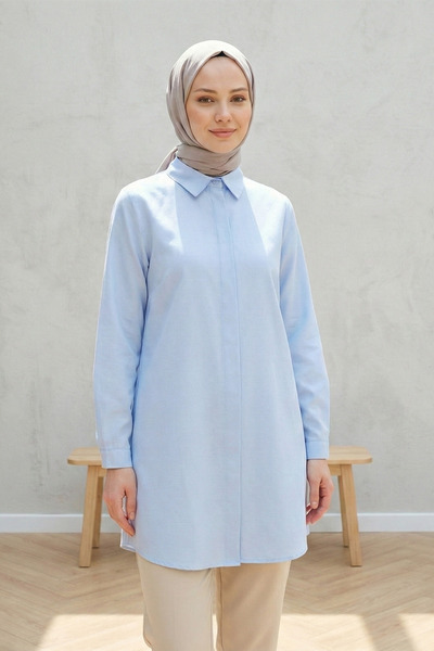 FERHEL Women's Long Boyfriend Shirt Tunic with Hidden Buttons - Baby Blue