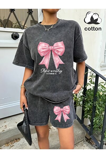 ship master Washable 100% Cotton Bowknot Lettered 2-Piece Shorts Set Loose Fit