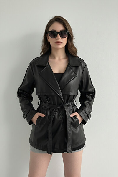 gm giyimarket Νέα Σεζόν Γυναικεία Δερμάτινη Καμπαρντίνα με Ζώνη