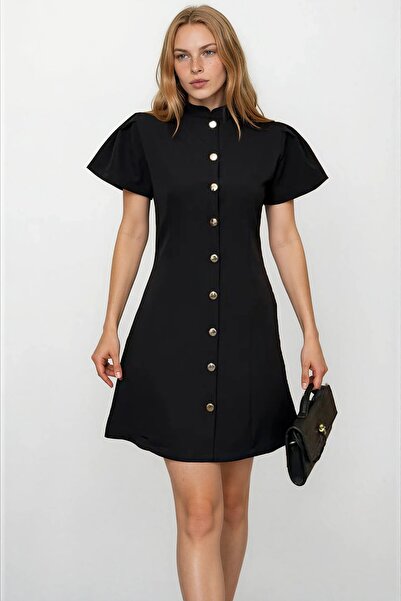Trend Alaçatı Stili Women's Black Judge Collar Button Detailed Mini Woven Dre...