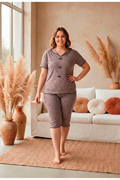 LİLA İÇ GİYİM Battal Bowknot Viscose Capri Short Sleeve Pajama Set