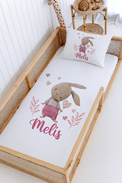 Lilabio %100 Pamuk İsme Özel Montessori Yatak Pike Seti 100x200 Pembe Tavşan