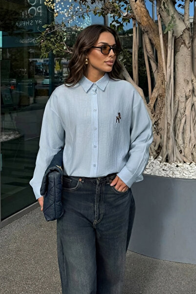 Trend Alaçatı Stili Women's Blue Deer Embroidered Aerobin Shirt Alc-X15315
