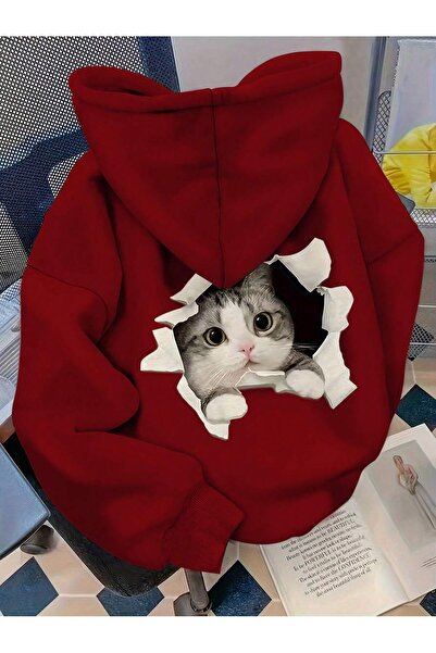 PENTHİLUS سويت شيرت نسائي بقلنسوة مطبوع عليه رسومات ستريت جرافيك باللون الأحمر