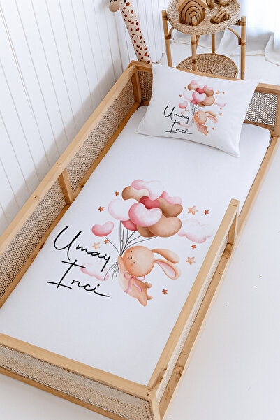 Lilabio %100 Pamuk İsme Özel Montessori Yatak Pike Seti 100x200 Balon Tutan T...